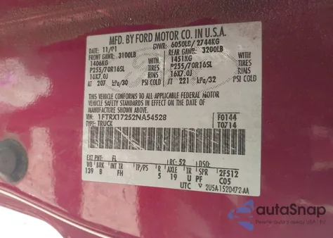 2002 Ford F-150 Xl/Xlt z USA, uszkodzony, nr VIN 1FTRX17252NA54528